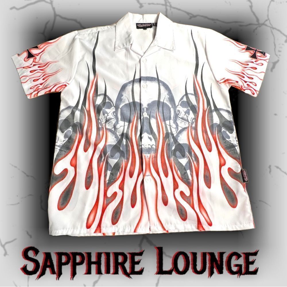 Vintage Sapphire Lounge Shirt Mens M Camp Shirt SKULLS Flamed Loop Collar White